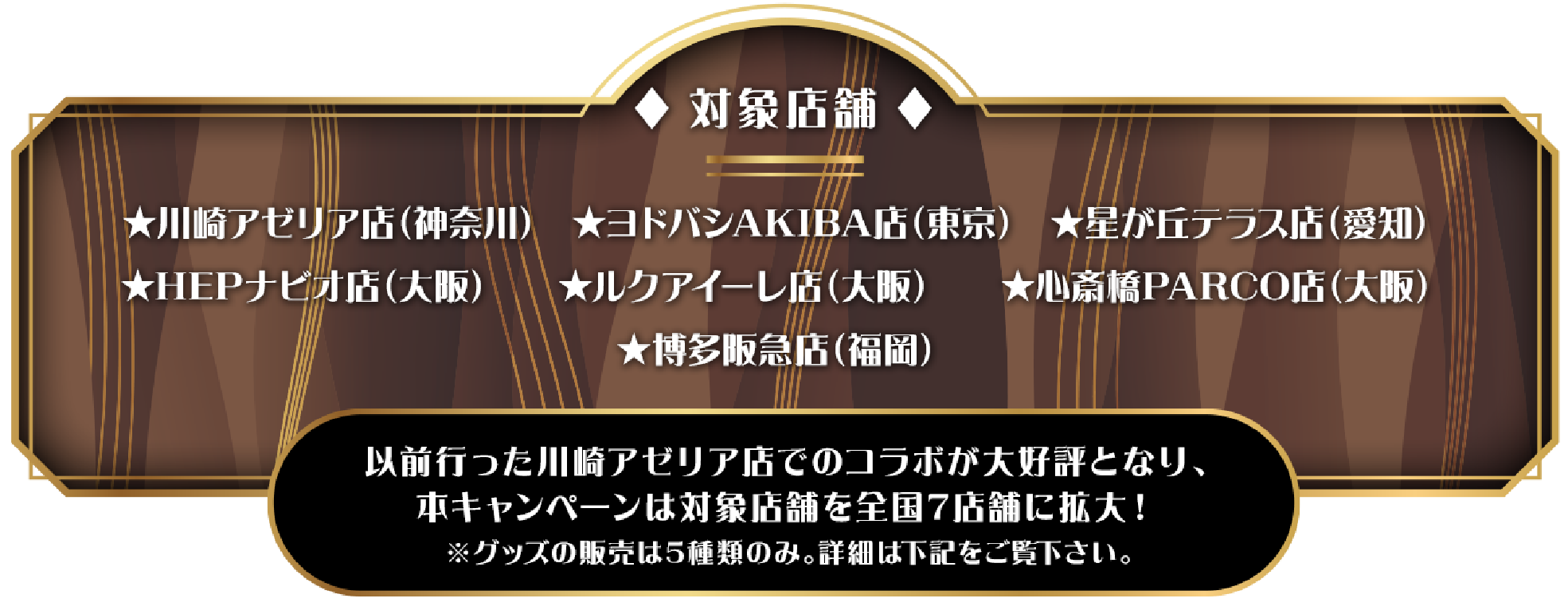 対象店舗：★川崎アゼリア店（神奈川）★ヨドバシAKIBA店（東京）★星が丘テラス店（愛知）★HEPナビオ店（大阪）★ルクアイーレ店（大阪）★心斎橋PARCO店（大阪）★博多阪急店（福岡）以前行った川崎アゼリア店でのコラボが大好評となり、本キャンペーンは対象店舗を全国7店舗に拡大！※グッズの販売は5種類のみ。詳細は下記をご覧下さい。